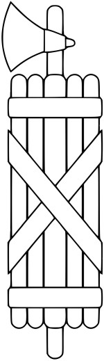 Fasces — wiązka rózeg z toporem, starorzymski znak urzędu i prawa karania, przejęty przez ruch Mussoliniego. Ilustracja: Wikimedia Commons, domena publiczna. W faszystowskich Włoszech znak towarzyszył likwidacji demokracji, przemocy kolonialnej, ustawom rasowym i wojnie.